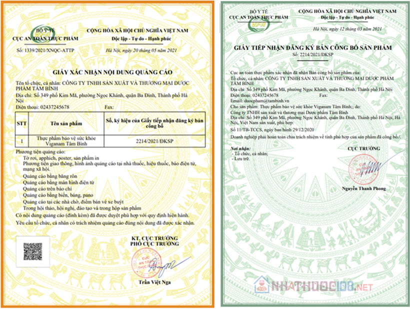 giấy chứng nhận và quảng cáo Viganam Tâm Bình